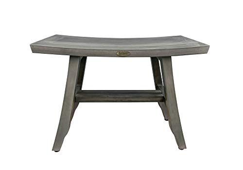 CoastalVogue Teak Wood Satori Shower Bench Teak Shower Stool with Curved Seat 24" Long Wooden Seat Shower Bench in Antique Gray Finish