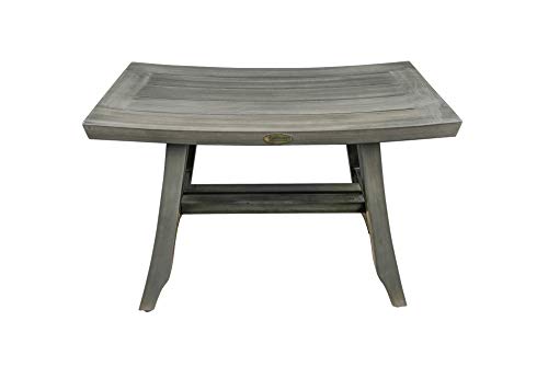 CoastalVogue Teak Wood Satori Shower Bench Teak Shower Stool with Curved Seat 24" Long Wooden Seat Shower Bench in Antique Gray Finish