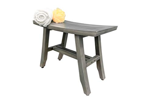 CoastalVogue Teak Wood Satori Shower Bench Teak Shower Stool with Curved Seat 24" Long Wooden Seat Shower Bench in Antique Gray Finish