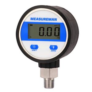 measureman 2-1/2" dial, digital industrial vacuum gauge with 1/4"npt lower mount, stainless steel case and connection, 15psi, 1%,battery powered, with led light