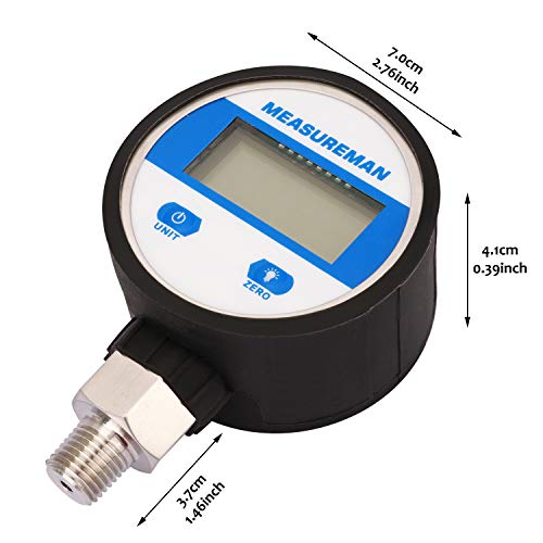 MEASUREMAN 2-1/2" dial, Digital Industrial Vacuum Gauge with 1/4"NPT Lower Mount, Stainless Steel case and Connection, 15psi, 1%,Battery Powered, with LED Light