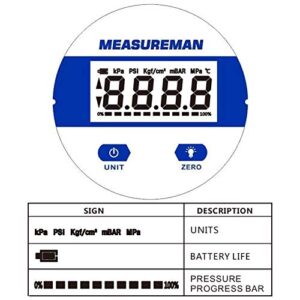 MEASUREMAN 2-1/2" dial, Digital Industrial Vacuum Gauge with 1/4"NPT Lower Mount, Stainless Steel case and Connection, 15psi, 1%,Battery Powered, with LED Light