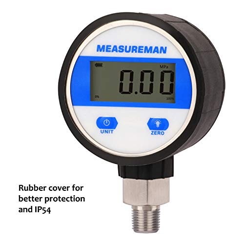 MEASUREMAN 2-1/2" dial, Digital Industrial Vacuum Gauge with 1/4"NPT Lower Mount, Stainless Steel case and Connection, 15psi, 1%,Battery Powered, with LED Light