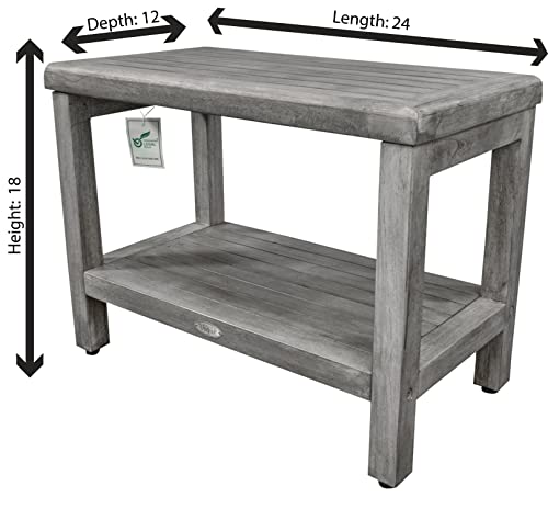 CostalVogue Eleganto Shower Bench Teak Wood Shower Bench with Storage Shelf Shower Foot Stool in Antique Gray Finish for Indoors and Outdoors - 24 inches Long