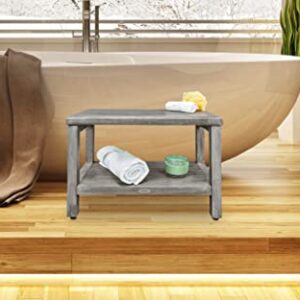 CostalVogue Eleganto Shower Bench Teak Wood Shower Bench with Storage Shelf Shower Foot Stool in Antique Gray Finish for Indoors and Outdoors - 24 inches Long