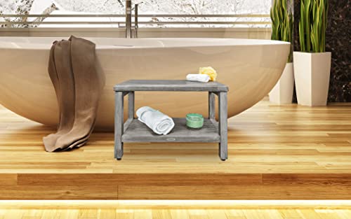 CostalVogue Eleganto Shower Bench Teak Wood Shower Bench with Storage Shelf Shower Foot Stool in Antique Gray Finish for Indoors and Outdoors - 24 inches Long