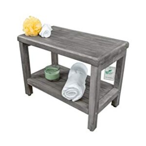 CostalVogue Eleganto Shower Bench Teak Wood Shower Bench with Storage Shelf Shower Foot Stool in Antique Gray Finish for Indoors and Outdoors - 24 inches Long