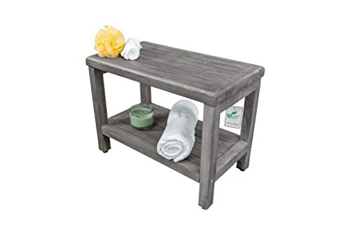 CostalVogue Eleganto Shower Bench Teak Wood Shower Bench with Storage Shelf Shower Foot Stool in Antique Gray Finish for Indoors and Outdoors - 24 inches Long