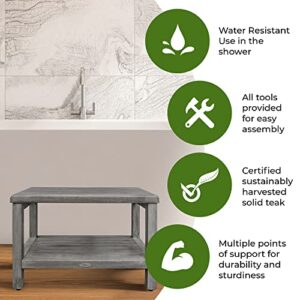 CostalVogue Eleganto Shower Bench Teak Wood Shower Bench with Storage Shelf Shower Foot Stool in Antique Gray Finish for Indoors and Outdoors - 24 inches Long