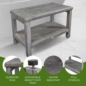 CostalVogue Eleganto Shower Bench Teak Wood Shower Bench with Storage Shelf Shower Foot Stool in Antique Gray Finish for Indoors and Outdoors - 24 inches Long