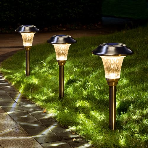 GIGALUMI 8 Pack Solar Pathway Lights, Solar Pathway Lights Outdoor Warm White, Waterproof Glass Stainless Steel Automatic Solar Landscape Lights for Patio, Yard, Lawn, Garden and Path (Silver Finish