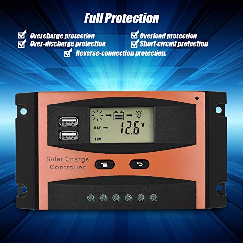 Solar Panel Controller, 30A 50V LCD Smart PWM Solar Panel Charge Controller with Dual USB IP32 Waterproof Solar Controller for Solar Green Light, Solar Light Billboards, etc.(30A)