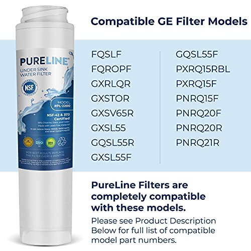 Pureline FQSLF Under Sink Water Filter Replacement. Compatible with GE FQSLF, FQROPF, GXSV65R, GXSLQR, PXRQ15RBL, PXRQ15F, PNRQ15F, PNRQ20F, PNRQ20R and PNRQ21R - Reduces Bad Taste & Odor (3 Pack)