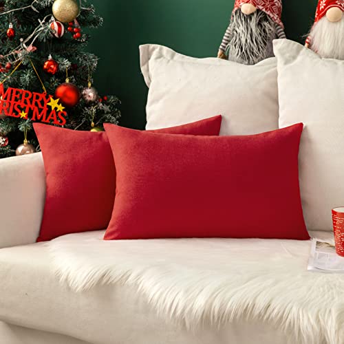 MIULEE Christmas Pack of 2 Decorative Outdoor Solid Waterproof Throw Pillow Covers Linen Garden Farmhouse Cushion Cases for Patio Tent Balcony Couch Sofa 12x20 inch Red