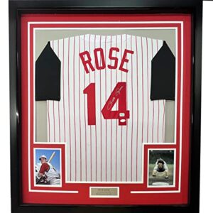framed autographed/signed pete rose 33x42 cincinnati pinstripe baseball jersey jsa coa