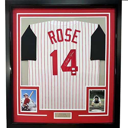 Framed Autographed/Signed Pete Rose 33x42 Cincinnati Pinstripe Baseball Jersey JSA COA