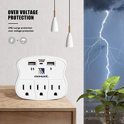 Wall Outlet Extender Surge Protector - 490 Joules Surge Protection Multi Plug Outlet Expander with 3 Outlets 2 USB Charger Ports Wall Mount Adapters ETL Listed for Home/School/Office Use…