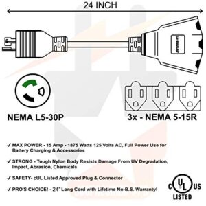 30 Amp to 110 Adapter L5-30P to LIT 3-Way Outlet Splitter by Journeyman Pro - 125 Volt, 30A to 15A, 3-Prong Locking Triple Tap 5-15R for RV Generators (2FT - L5-30P to LIT 3-WAY 15A)