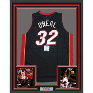 framed autographed/signed shaquille shaq o'neal 33x42 miami black basketball jersey beckett bas coa