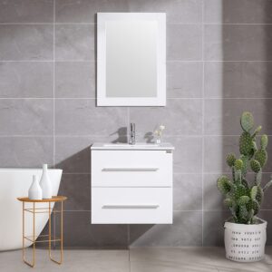 wonline 24" white wall mounted bathroom vanity set two drawers storage cabinet with ceramic vessel sink and mirror combo chrome faucet
