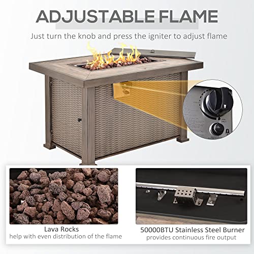 Outsunny 42" Propane Fire Pit Table, 50,000 BTU Wicker-Effect Auto-Ignition Gas Fireplace Fire Pits with Ceramic Tabletop, Steel Base, Lid, Lava Rocks and Cover, CSA Certification, Grey