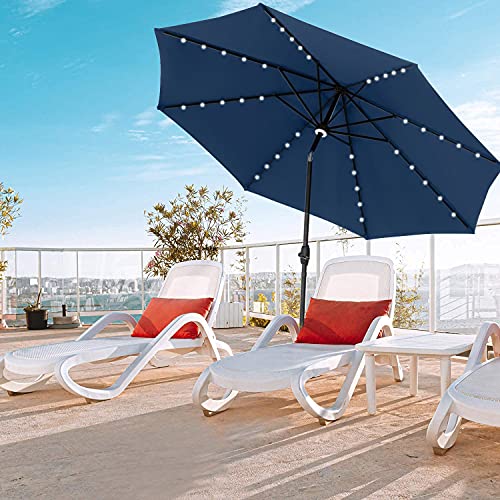 GDY 10Ft Patio Umbrella, Solar Powered 40 LED Lighted Outdoor Table Market Umbrella with Tilt and Crank, Center Light (Navy Blue)