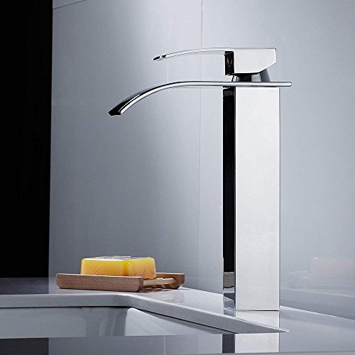 Bathroom Vessel Faucet Tall Waterfall Faucet with Wide Single Handle, Vessel Sink Bathroom Faucet with Large Rectangular Spout and Supply Hoses (Chrome)