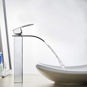 Bathroom Vessel Faucet Tall Waterfall Faucet with Wide Single Handle, Vessel Sink Bathroom Faucet with Large Rectangular Spout and Supply Hoses (Chrome)