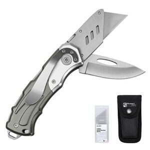 folding utility knife dual blades stainless steel/box cutter with clip + pouch + 5 blades