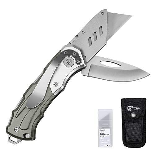 Folding Utility Knife Dual Blades Stainless Steel/Box Cutter with Clip + Pouch + 5 Blades