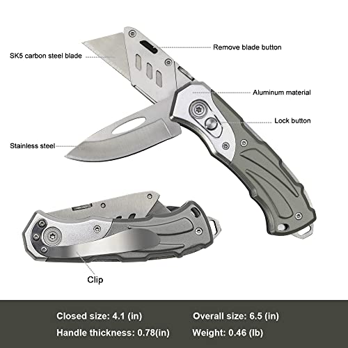 Folding Utility Knife Dual Blades Stainless Steel/Box Cutter with Clip + Pouch + 5 Blades