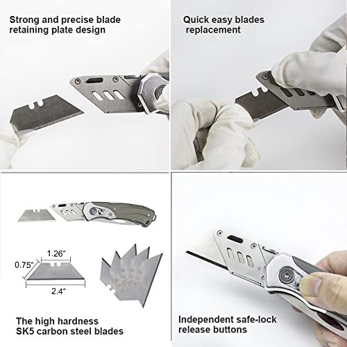 Folding Utility Knife Dual Blades Stainless Steel/Box Cutter with Clip + Pouch + 5 Blades