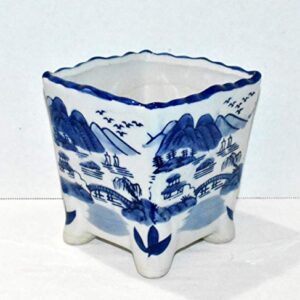 New 6" Cobalt Blue & White Oriental Mountain Water Theme Square with Feet Bonsai Planter Pot