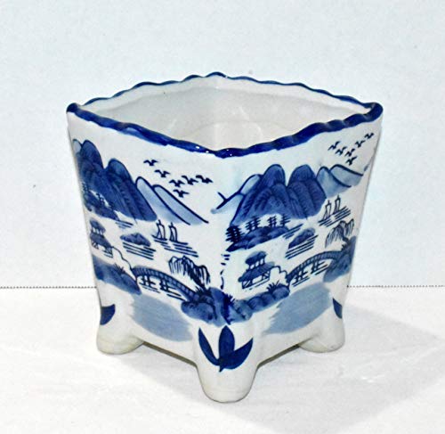 New 6" Cobalt Blue & White Oriental Mountain Water Theme Square with Feet Bonsai Planter Pot