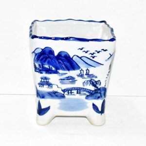 New 6" Cobalt Blue & White Oriental Mountain Water Theme Square with Feet Bonsai Planter Pot