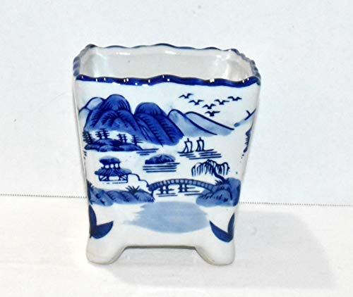 New 6" Cobalt Blue & White Oriental Mountain Water Theme Square with Feet Bonsai Planter Pot
