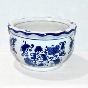 New 7.75" Cobalt Blue & White Oriental Flowers & Leaves Potbelly Bonsai Planter Pot