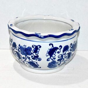 New 7.75" Cobalt Blue & White Oriental Flowers & Leaves Potbelly Bonsai Planter Pot