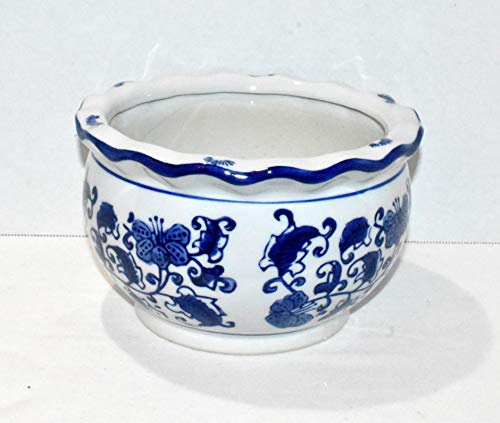 New 7.75" Cobalt Blue & White Oriental Flowers & Leaves Potbelly Bonsai Planter Pot