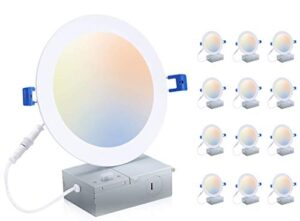 cloudy bay 6 inch 3000k/ 4000k/ 5000k three color temperature selectable, dimmable 15w cri 90+, ultra thin led recessed light with junction box, ic rated, air tight, etl/ja8, white, 12 pack