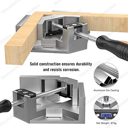 Housolution Right Angle Clamp, [2 PACK] Single Handle 90° Aluminum Alloy Corner Clamp, Right Angle Clip Clamp Tool Woodworking Photo Frame Vise Holder with Adjustable Swing Jaw - Silver Gray