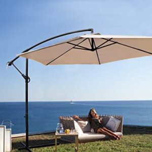 Devoko 10 Ft Patio Offset Cantilever Umbrella Outdoor Market Hanging Umbrellas with Crank & Cross Base Suitable for Garden, Lawn, backyard, Deck and Poolside (Beige)