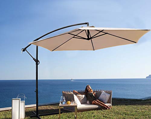 Devoko 10 Ft Patio Offset Cantilever Umbrella Outdoor Market Hanging Umbrellas with Crank & Cross Base Suitable for Garden, Lawn, backyard, Deck and Poolside (Beige)