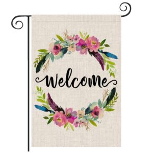 spring welcome burlap garden flag (12x18, double sided) small mini rustic farmhouse watercolor decorative yard flag for outside