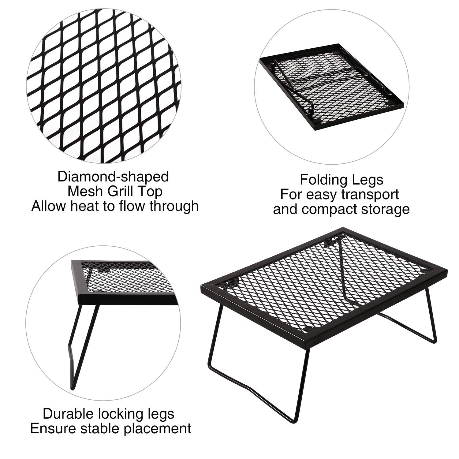 REDCAMP Folding Campfire Grill Heavy Duty Steel Grate, Portable Camp Fire Cooking Racks for Over Fire Pit