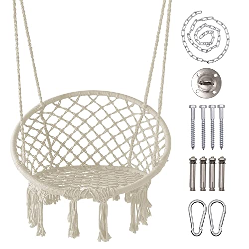 LAZZO Hammock Chair with Hanging Kit and Chain, Cotton Rope Macrame Swing, 260Pounds Capacity, 20" Width, for Indoor, Garden, Patio, Yard (Beige)