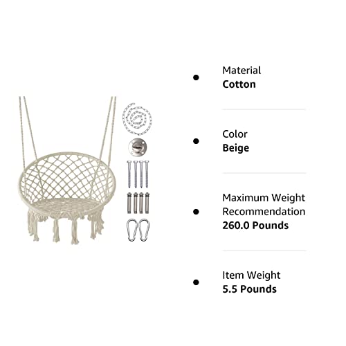 LAZZO Hammock Chair with Hanging Kit and Chain, Cotton Rope Macrame Swing, 260Pounds Capacity, 20" Width, for Indoor, Garden, Patio, Yard (Beige)