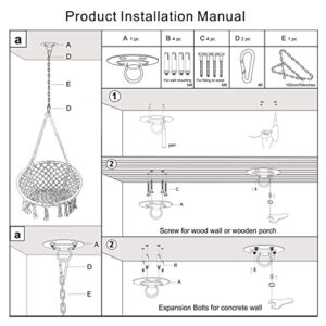 LAZZO Hammock Chair with Hanging Kit and Chain, Cotton Rope Macrame Swing, 260Pounds Capacity, 20" Width, for Indoor, Garden, Patio, Yard (Beige)