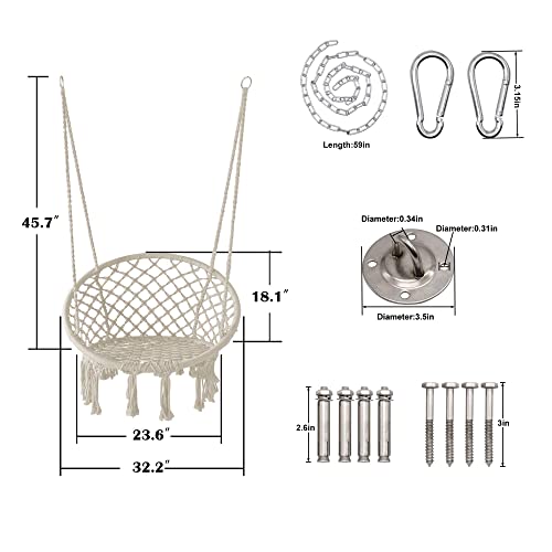 LAZZO Hammock Chair with Hanging Kit and Chain, Cotton Rope Macrame Swing, 260Pounds Capacity, 20" Width, for Indoor, Garden, Patio, Yard (Beige)