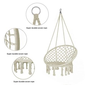 LAZZO Hammock Chair with Hanging Kit and Chain, Cotton Rope Macrame Swing, 260Pounds Capacity, 20" Width, for Indoor, Garden, Patio, Yard (Beige)